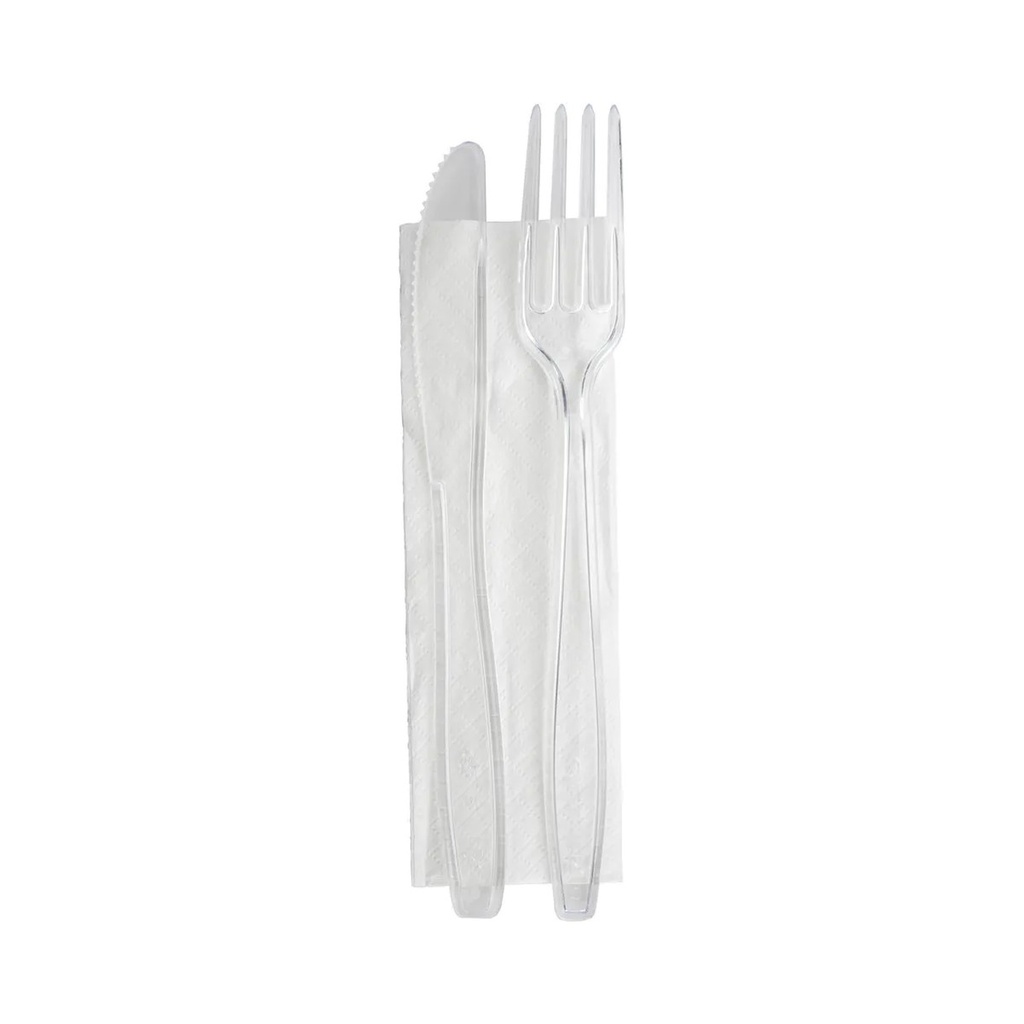 Set de couverts PS réutilisable transparent couteau, fourchette et serviette