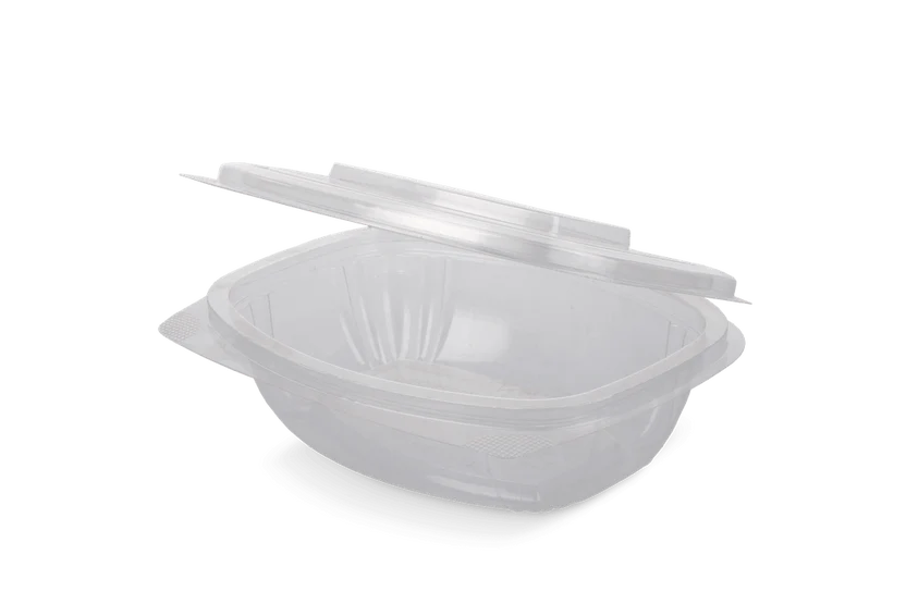 Ovale PET-saladebak met scharnierdeksel 375cc