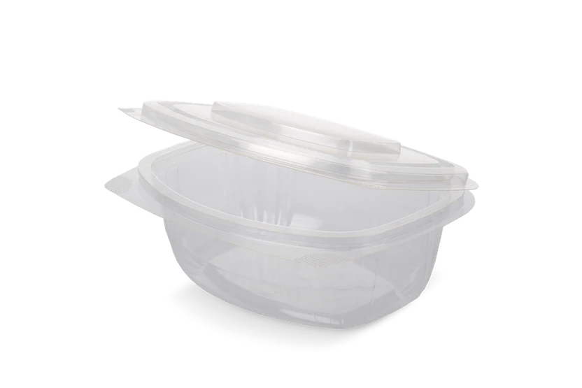 Oval PET salad bowl with hinged lid 500cc 