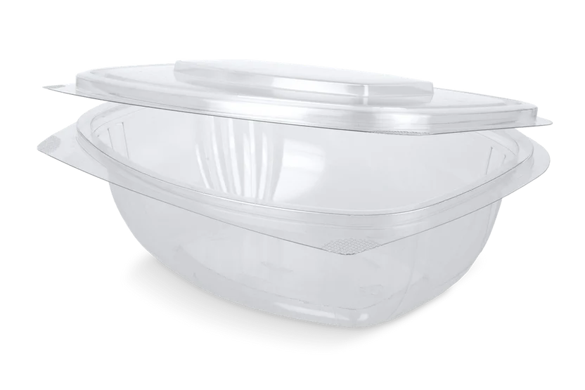 Ovale PET-saladebak met scharnierdeksel 1000cc