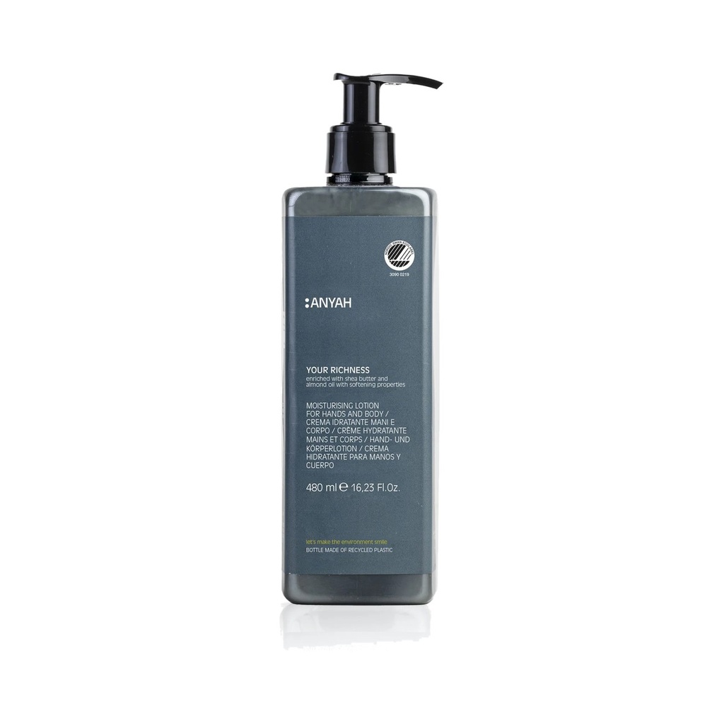 [1408] Crème hydratante corps et mains "YOUR RICHNESS" Flacon rechargeable Ecolabel Anyah 480ml