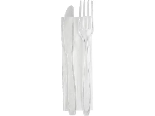 [66211] PS cutlery set reusable transparent knife, fork and towel 