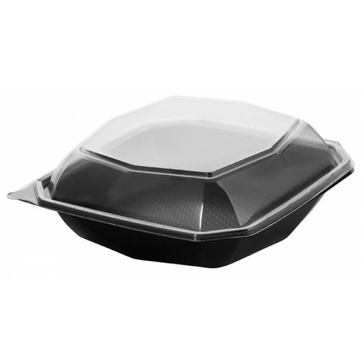 [66486] Achthoekige PET-saladebak zwart + deksel 500cc