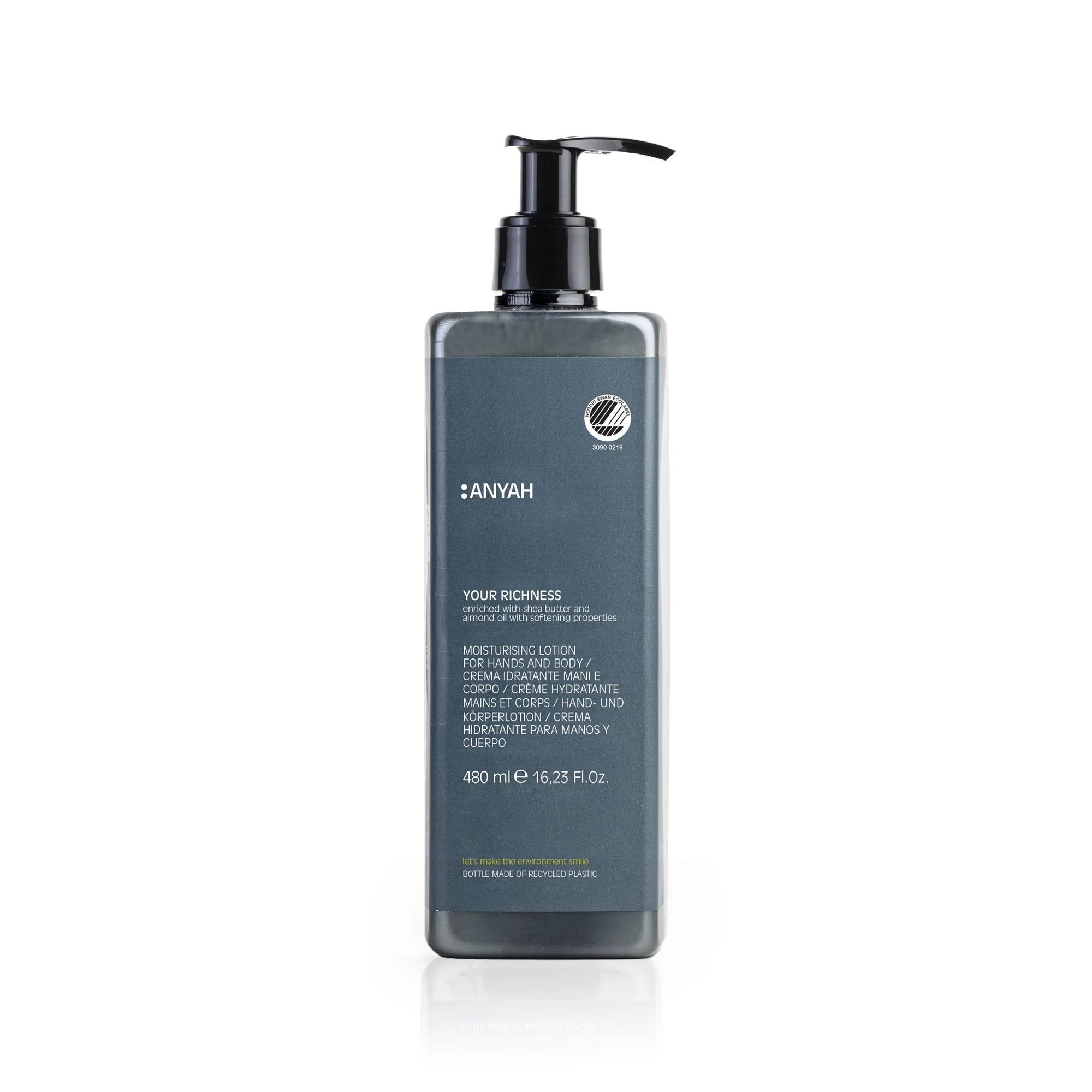 [1408] Hydraterende lichaams- en handcrème "YOUR RICHNESS" hervulbare fles Ecolabel Anyah 480ml